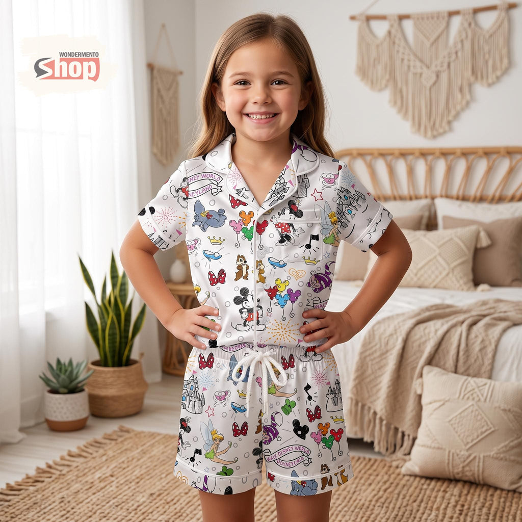 Disney Sketch Things Kids Satin Pajamas Set, Mickey Minnie Short PJs, Disney Inspired Toddler Sleepwear, Park Gift For Girls Boys