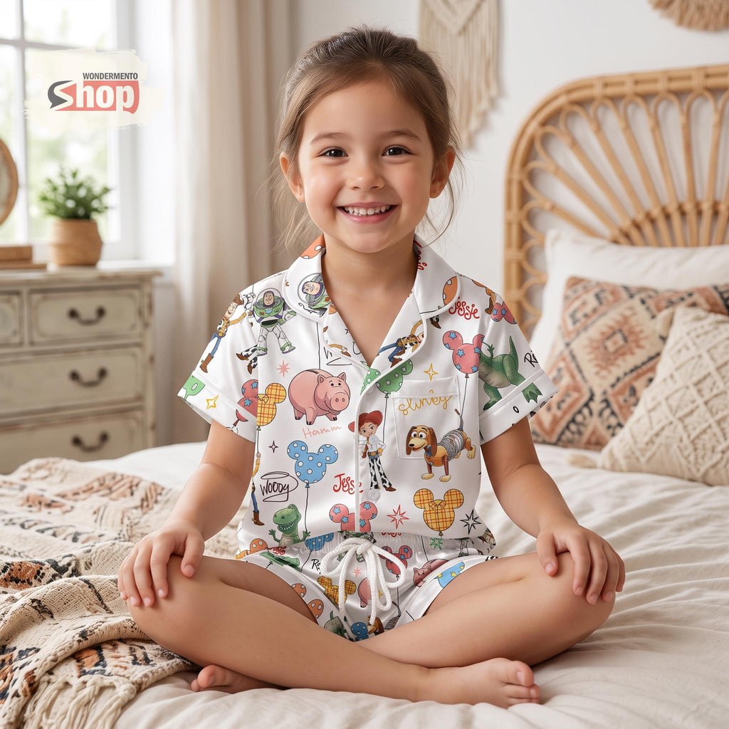 Toy Story Slinky Dog Woody Balloon Kids Satin Pajamas Set, Disney World Short PJs, Disney Inspired Sleepwear, Cute Gift For Girls Boys