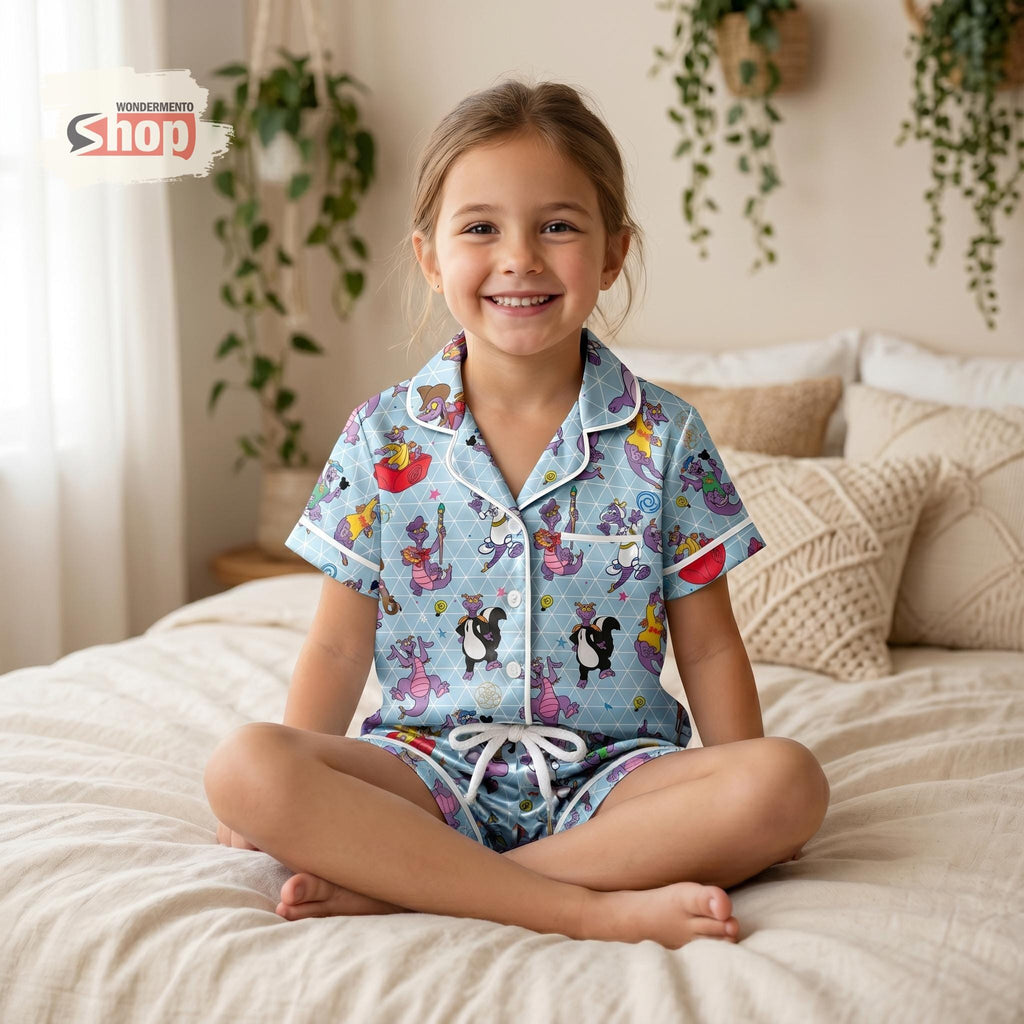 Funny Figment Dragon Kids Satin Pajamas Set, Journey Into Imagination Sleepwear, Epcot Center Disney Family Trip Gift For Girls Boys