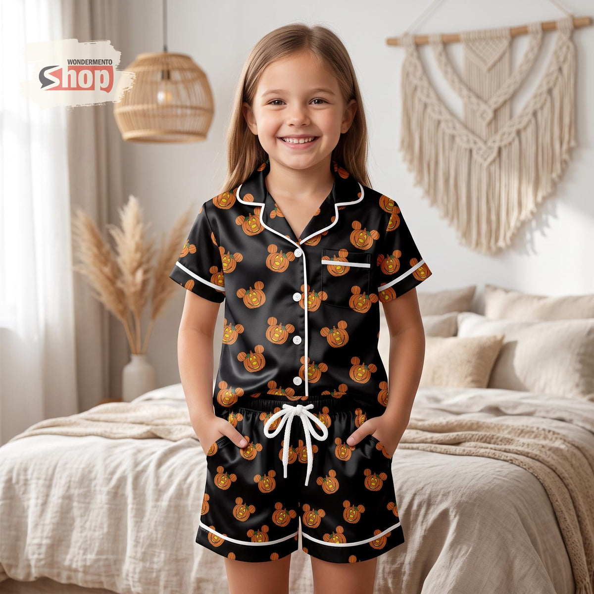 Mickey Mouse Pumpkin Kids Satin Pajamas Set, Halloween Short PJs, Spooky Disney Inspired Toddler Sleepwear, Cute Fall Gift For Girls Boys