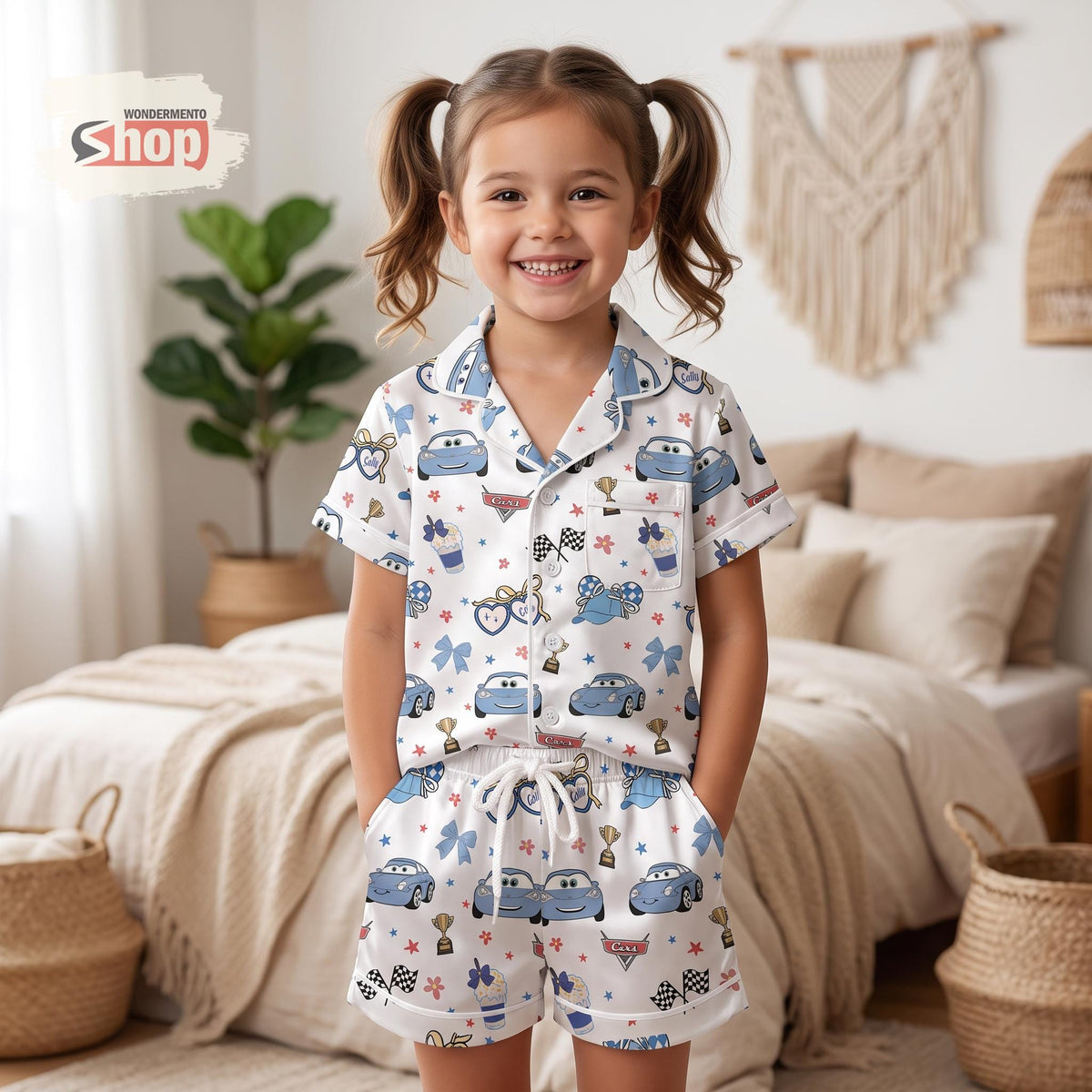 Disney Pixar Cars Sally Carrera Kids Satin Pajamas Set, Coquette Bows Blue Short PJs, Toddler Sleepwear, Cute Kids Gift For Girls Boys