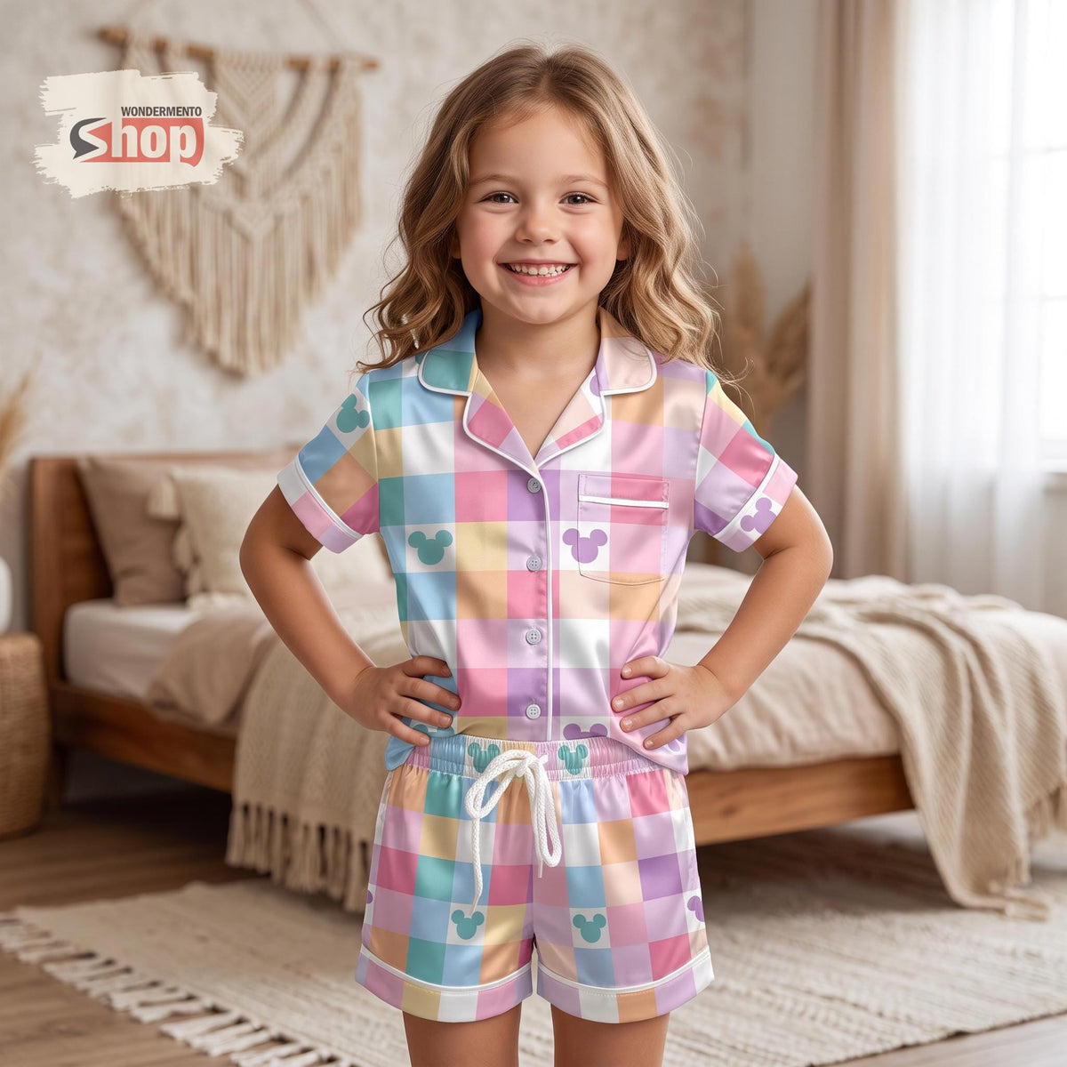 Mickey Pastel Kids Satin Pajamas Set, Checkered Mouse Short PJs, Disney Inspired Toddler Sleepwear, Cute Vacation Pajama Gift For Girls