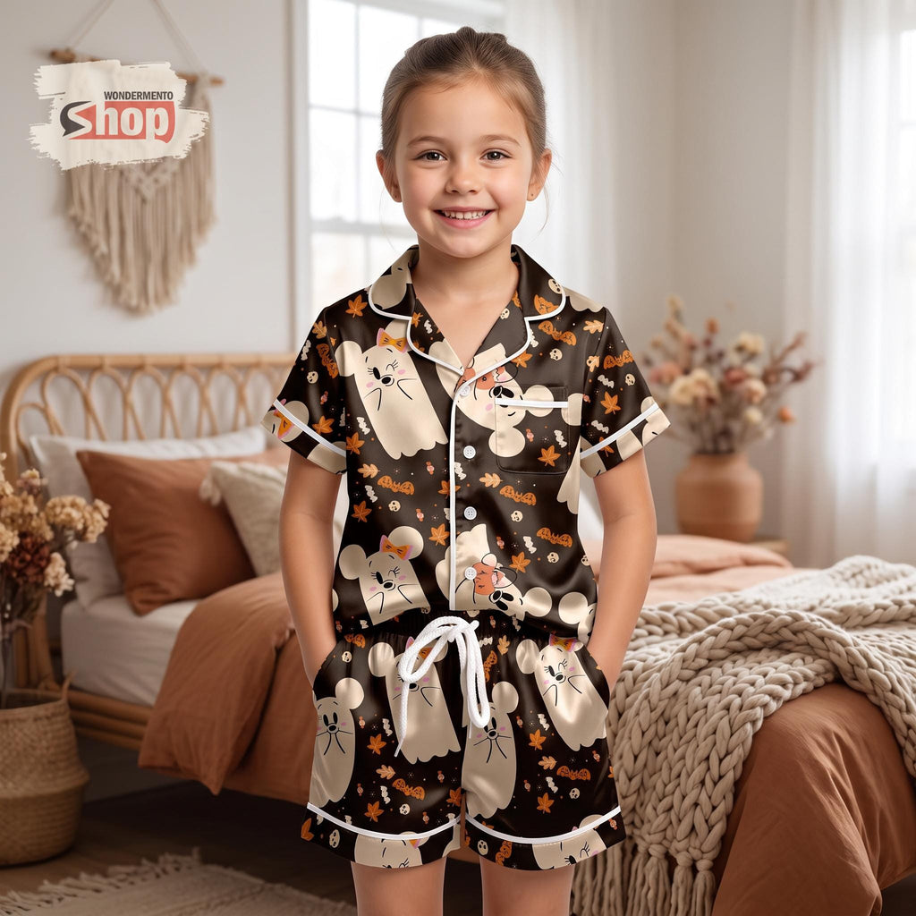 Ghost Mickey Halloween Kids Satin Pajama Set, Cute Disney Inspired Spooky Sleepwear, Fall Leaves Short PJs, Youth Loungewear Gift For Kids