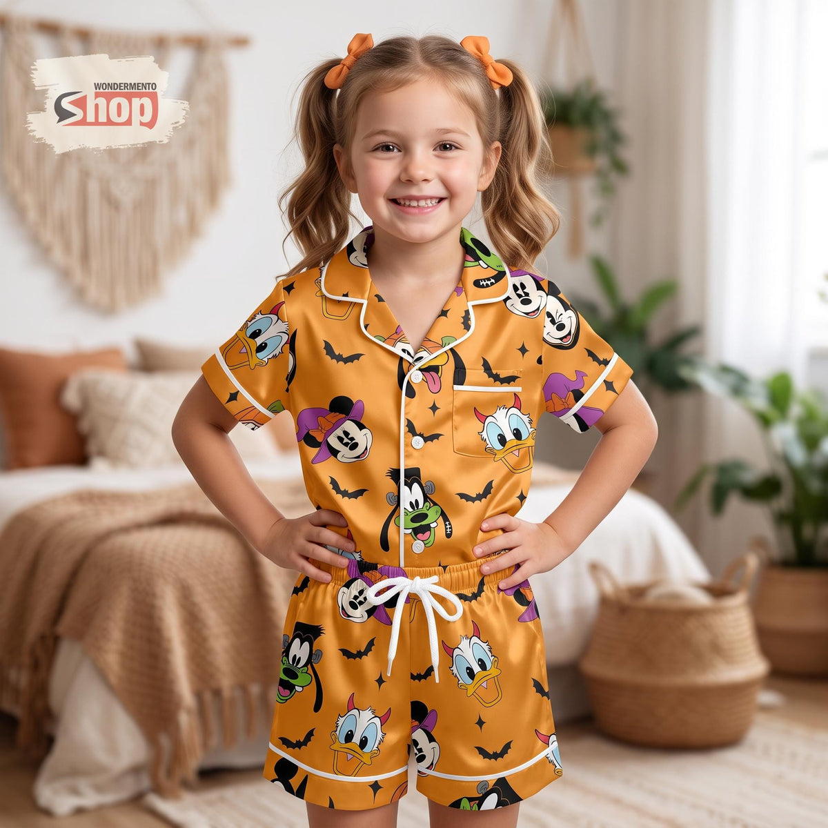 Bright Orange Disney Halloween Kids Satin Pajama Set, Mickey Friends Spooky Short PJs, Pumpkin Witch Toddler Sleepwear Gift For Kids