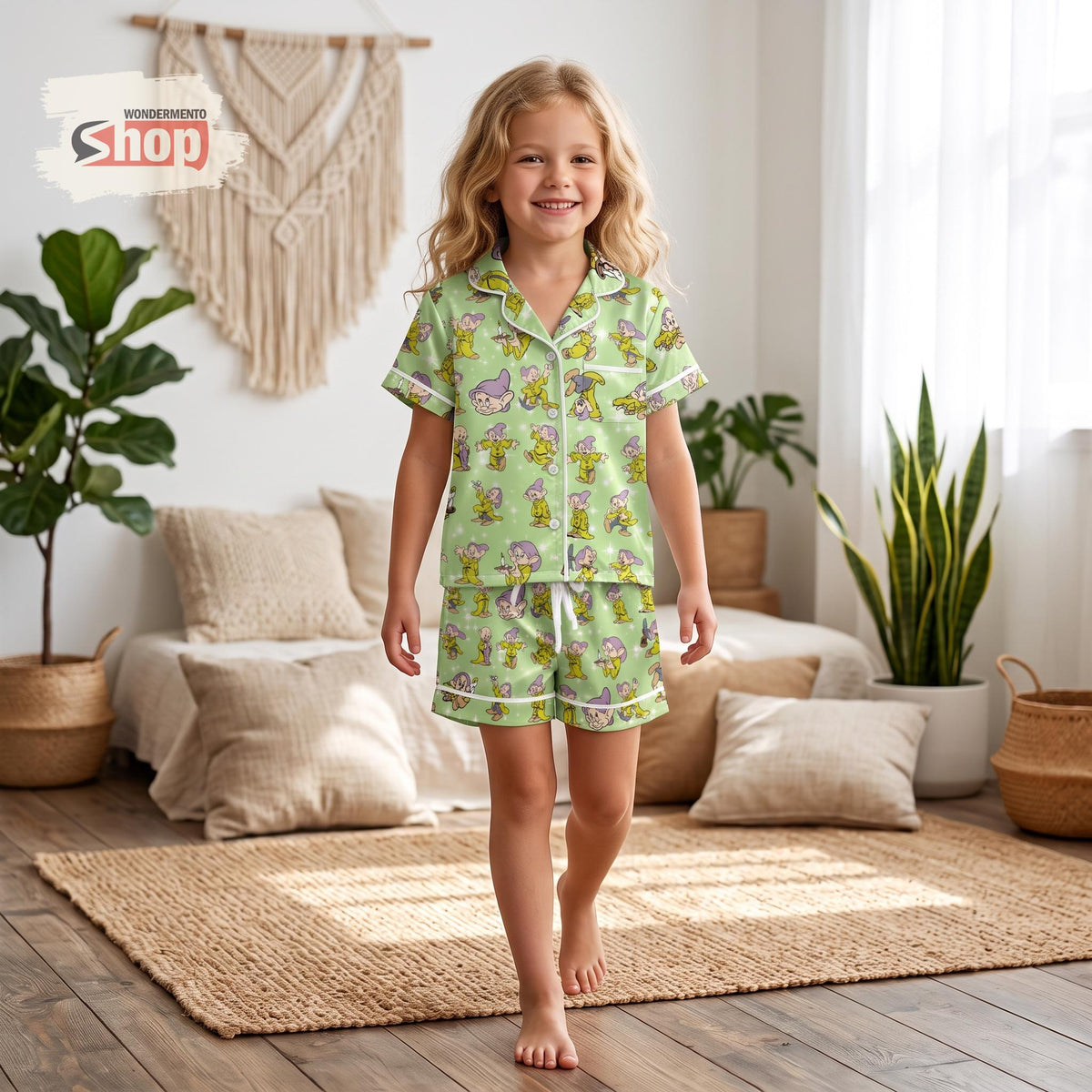 Dopey Seven Dwarfs Kids Satin Pajama Set, Snow White Inspired Green Short PJs, Toddler Sleepwear, Cute Disney Gift For Girls Boys 2026