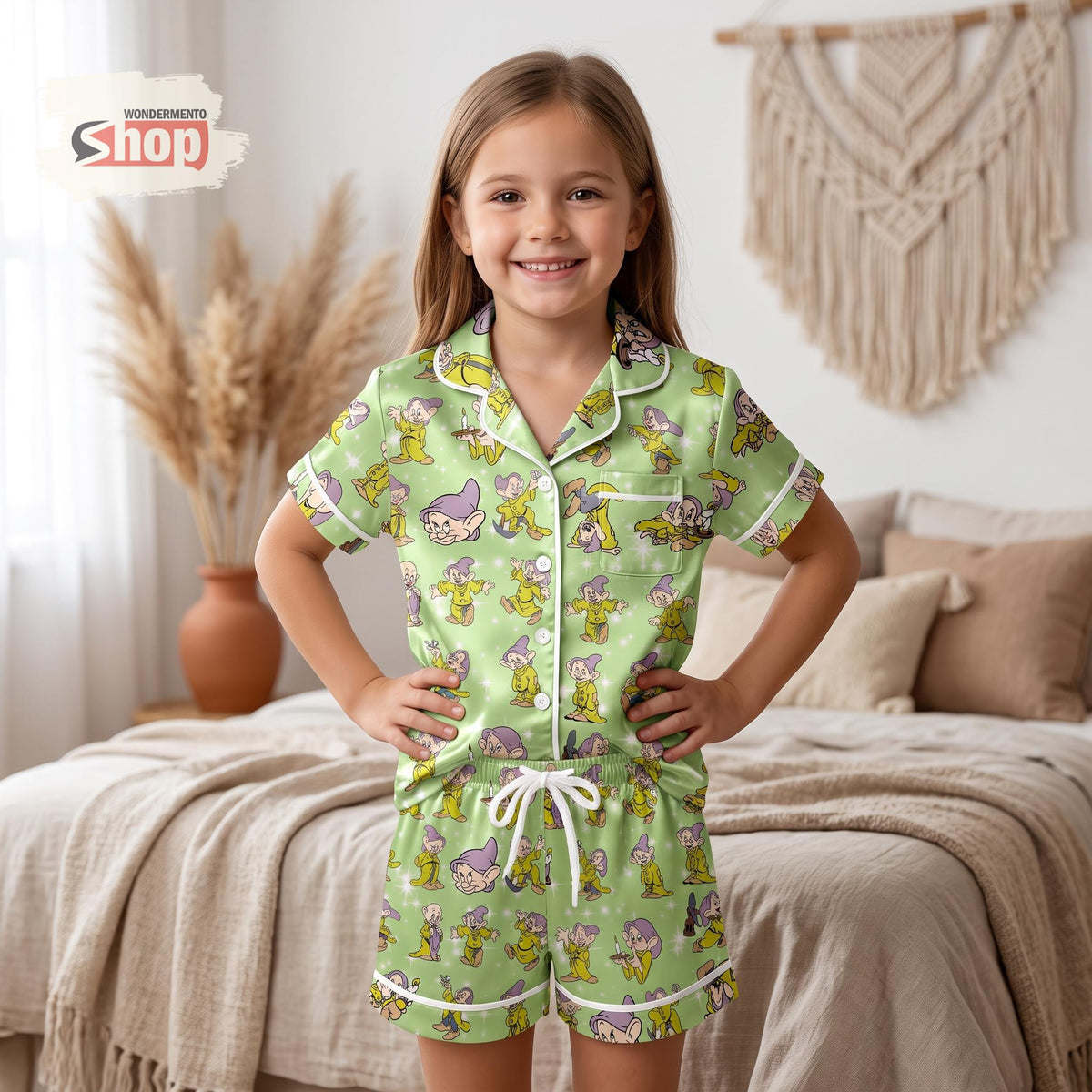 Dopey Seven Dwarfs Kids Satin Pajama Set, Snow White Inspired Green Short PJs, Toddler Sleepwear, Cute Disney Gift For Girls Boys 2026