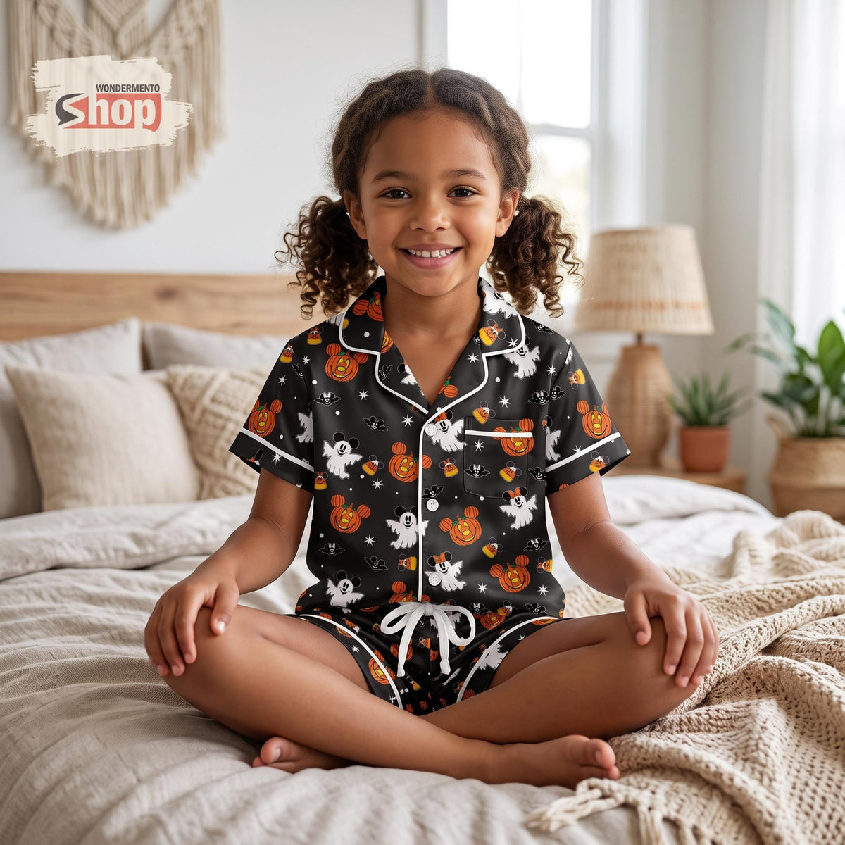 Mickey Minnie Halloween Kids Satin Pajamas Set, Boo Ghost Pumpkin Toddler Short PJs, Disney Trip Sleepwear, Halloween Party Gift for Girls