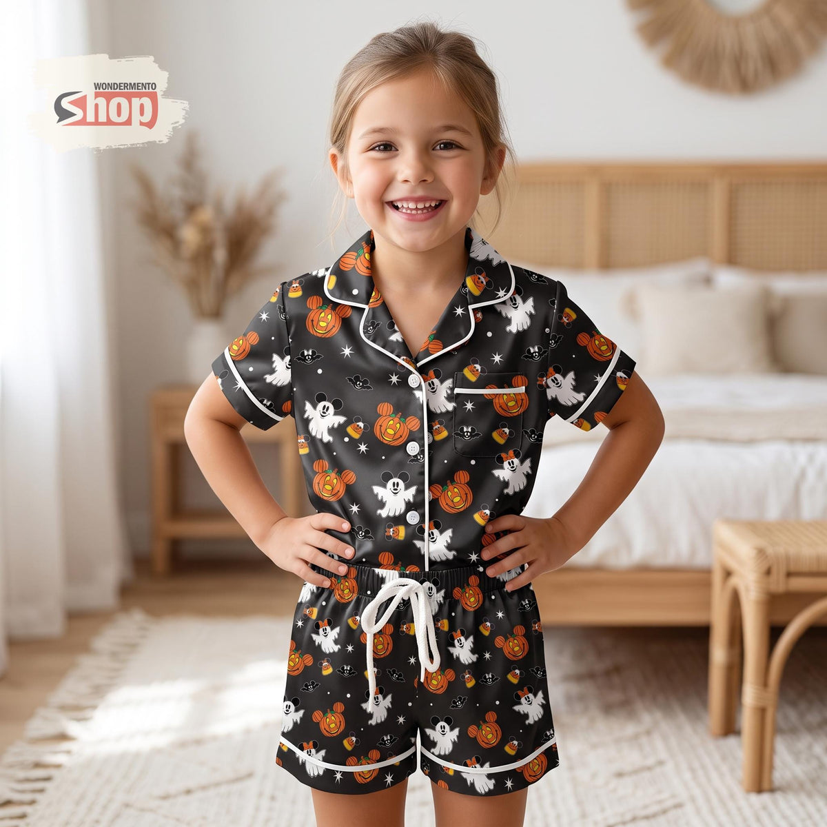 Mickey Minnie Halloween Kids Satin Pajamas Set, Boo Ghost Pumpkin Toddler Short PJs, Disney Trip Sleepwear, Halloween Party Gift for Girls