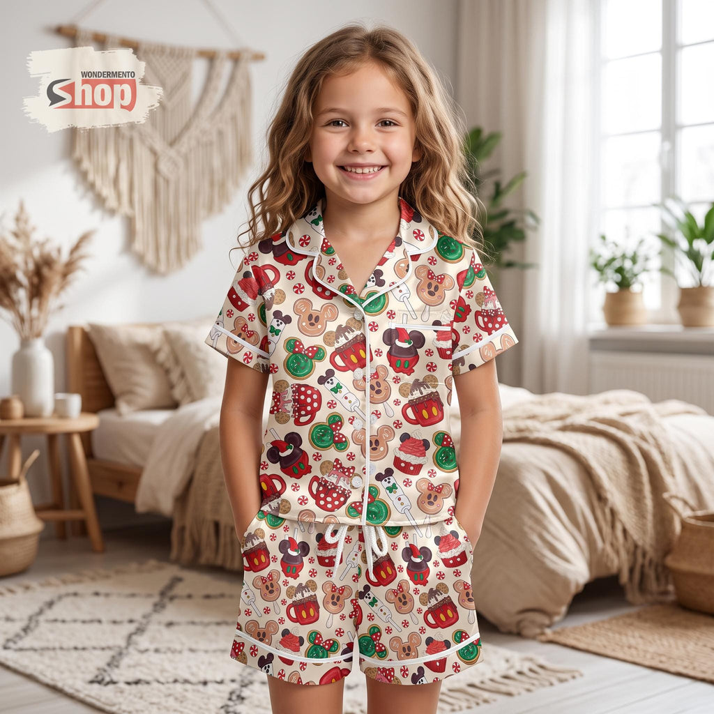 Mickey Minnie Christmas Kids Satin Pajamas Set, Hot Cocoa Gingerbread Toddler Short PJs, Disney Holiday Sleepwear, Xmas Gift for Girls