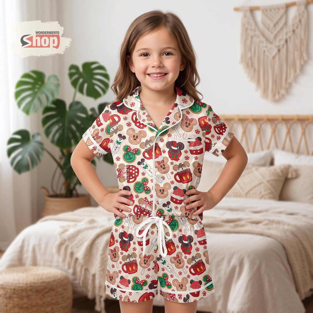 Mickey Minnie Christmas Kids Satin Pajamas Set, Hot Cocoa Gingerbread Toddler Short PJs, Disney Holiday Sleepwear, Xmas Gift for Girls
