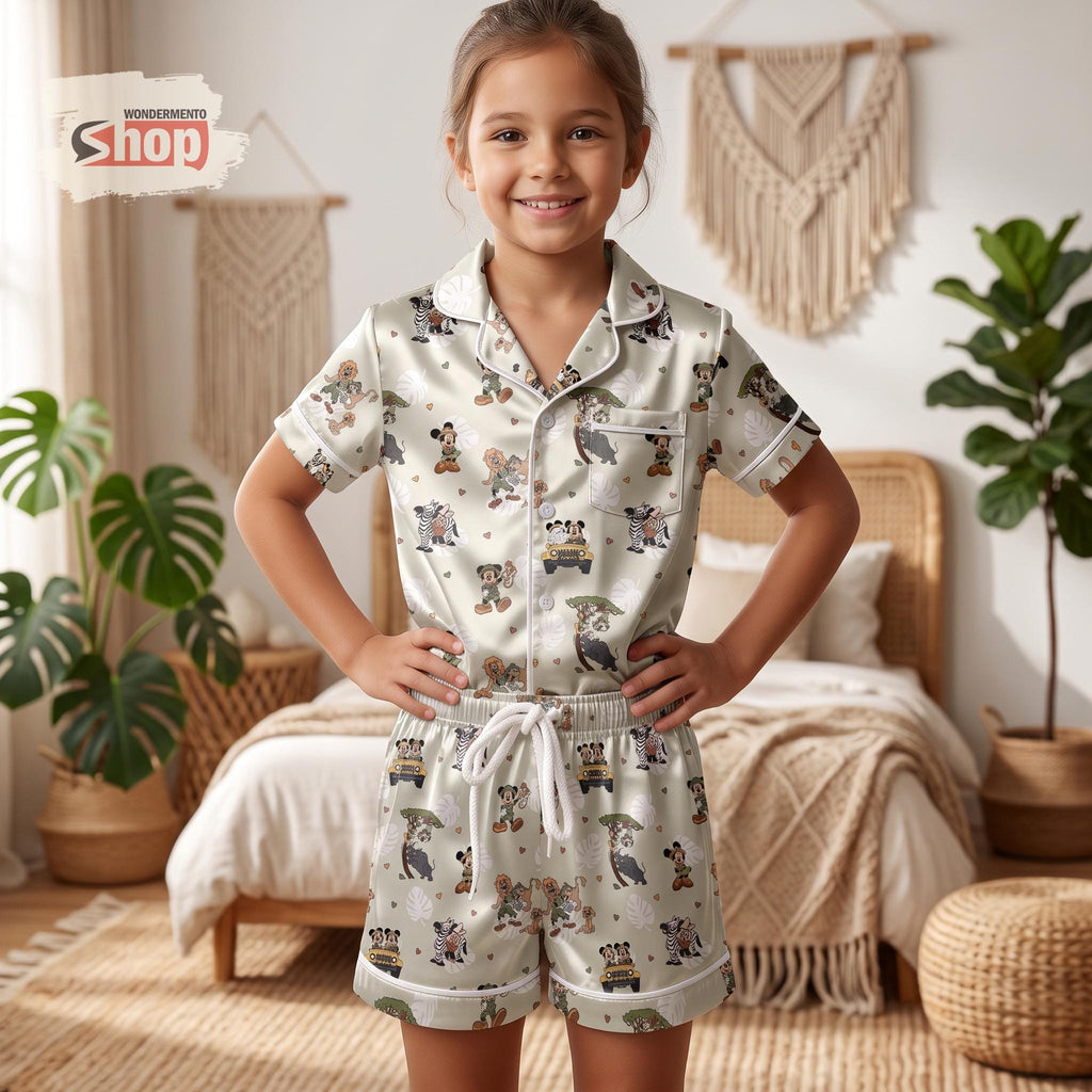 Disney Animal Kingdom Kids Satin Pajamas Set, Mickey Safari Toddler Short PJs, Disney Parks Vacation Sleepwear, Birthday Gift for Kids