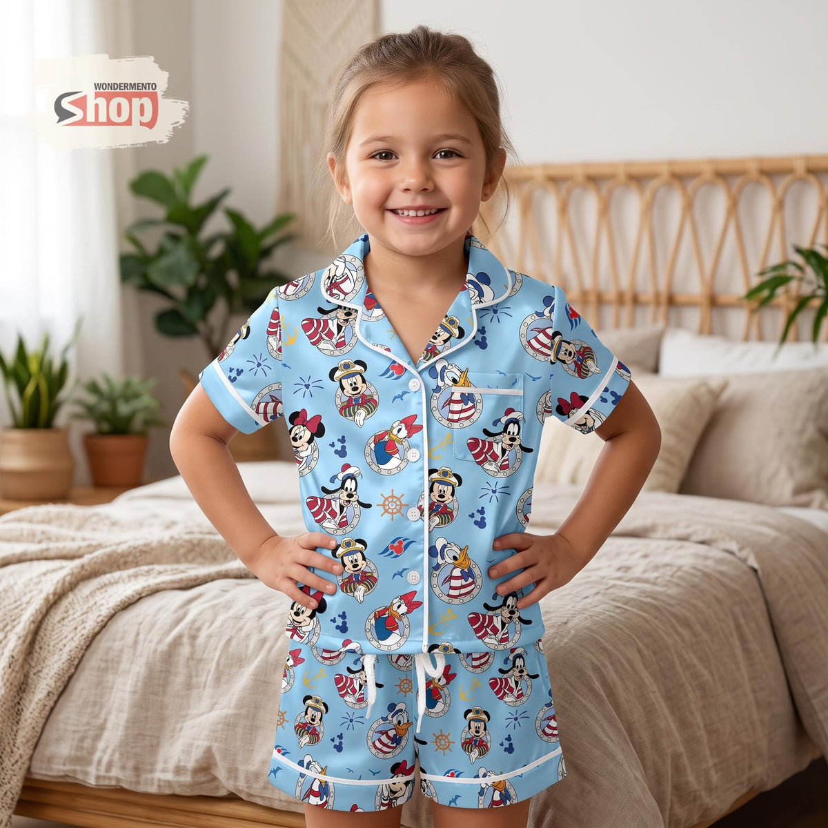 Mickey and Friends Disney Cruise Kids Satin Pajamas Set, Nautical Toddler Short PJs, Family Vacation Sleepwear, Cruise Gift for Girls