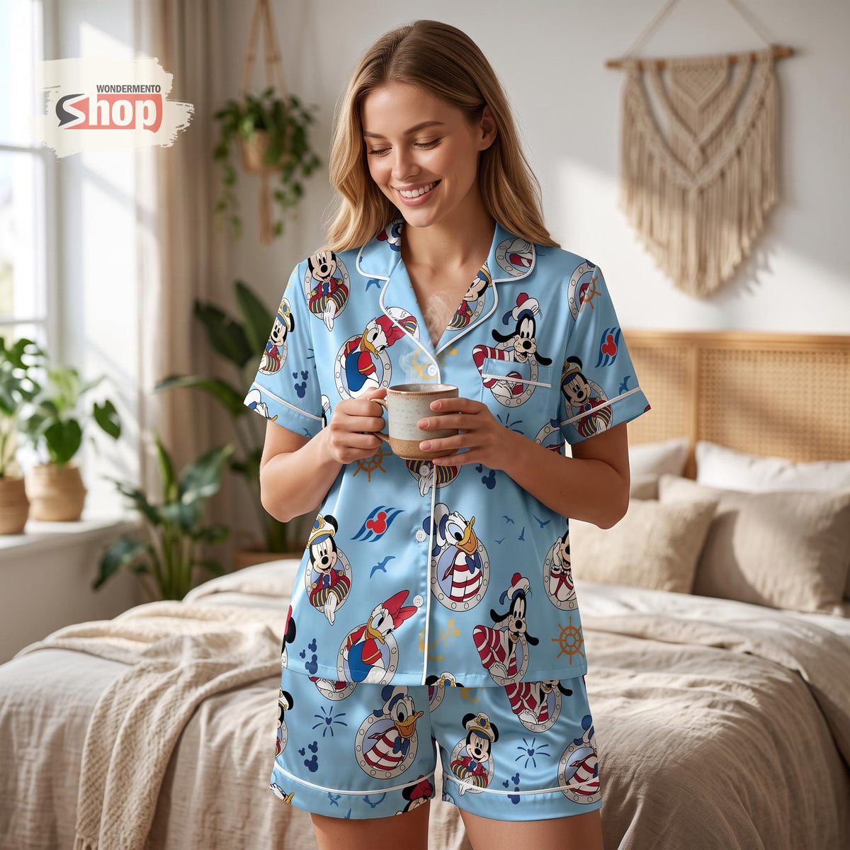 Mickey and Friends Disney Cruise Satin Pajamas Set, Nautical Women's Short PJs, Family Vacation Sleepwear, Cruise Gift for Disney Fans
