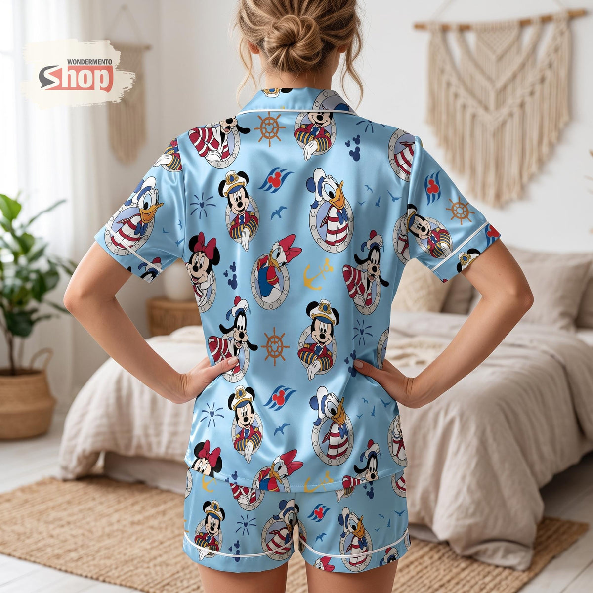 Mickey and Friends Disney Cruise Satin Pajamas Set, Nautical Women's Short PJs, Family Vacation Sleepwear, Cruise Gift for Disney Fans