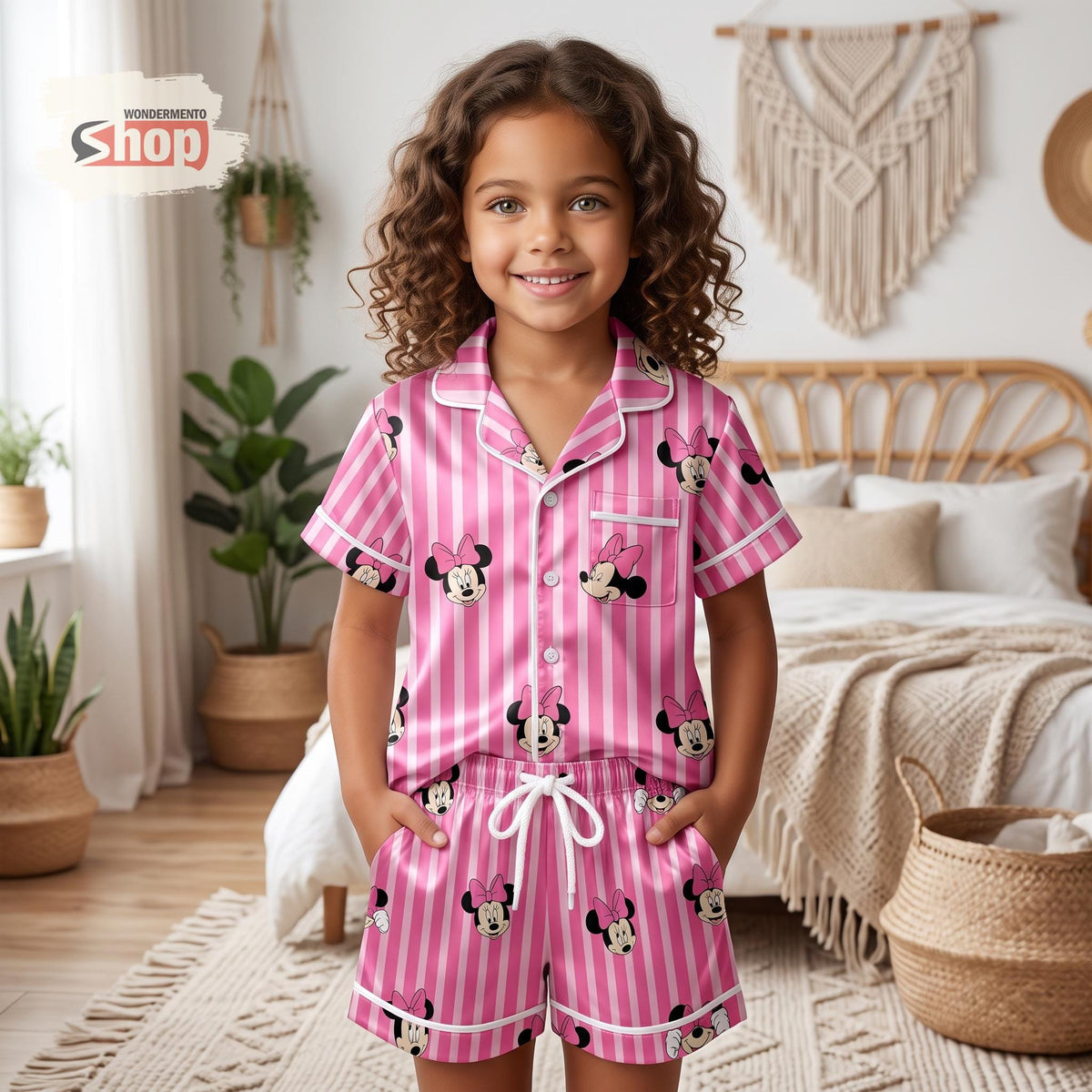 Minnie Mouse Pink Stripe Kids Satin Pajamas Set, Disney Toddler Short PJs, Girls Sleepwear, Birthday Gift, Vacation Pajama Outfit Set