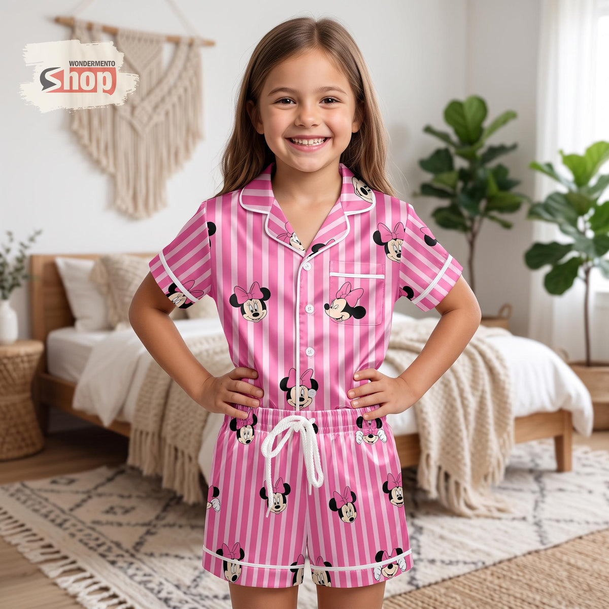 Minnie Mouse Pink Stripe Kids Satin Pajamas Set, Disney Toddler Short PJs, Girls Sleepwear, Birthday Gift, Vacation Pajama Outfit Set
