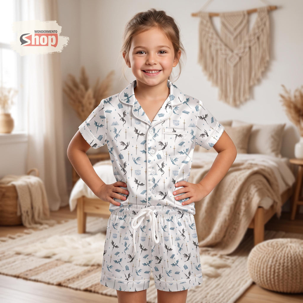 Book Dragon Kids Satin Pajamas Set, Fantasy Reader Short PJs, Dragon Book Lover Sleepwear, Cute Bookish Birthday Gift For Girls Boys