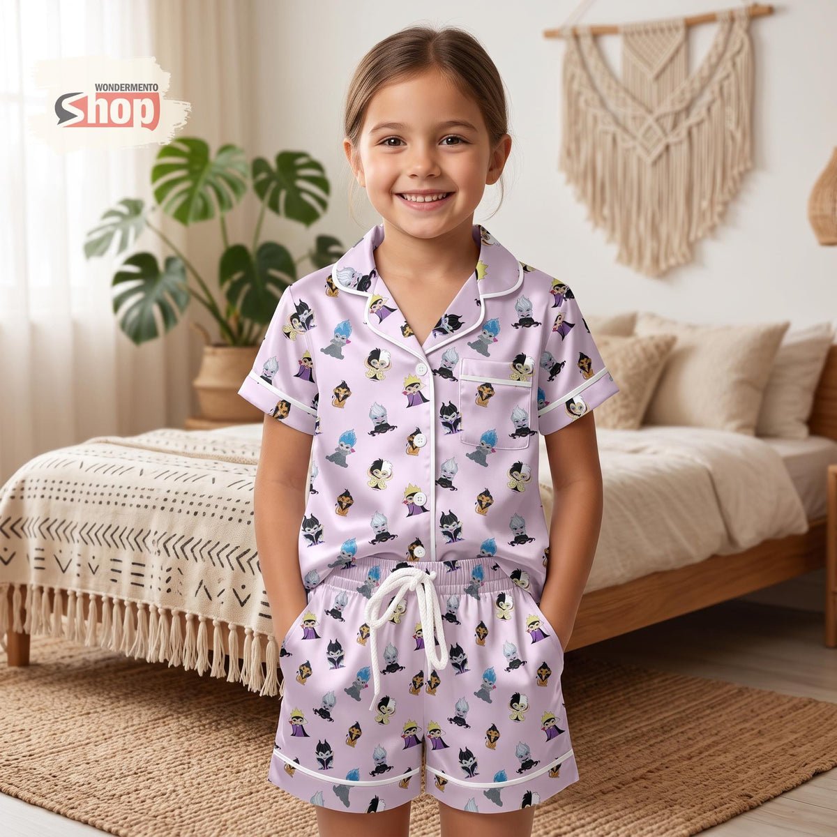 Purple Disney Villains Kids Satin Pajamas Set, Evil Queen Maleficent Short PJs, Toddler Cartoon Sleepwear, Cute Villain Gift For Girls