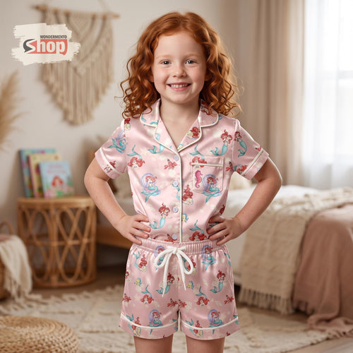Ariel Princess Kids Satin Pajamas Set, Little Mermaid Pink Short PJs, Disney Inspired Toddler Sleepwear, Cute Mermaid Gift For Girls