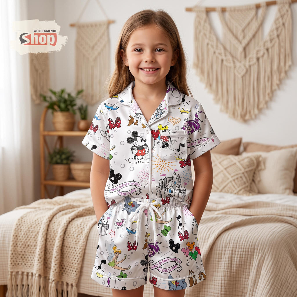 Disney Sketch Things Kids Satin Pajamas Set, Mickey Minnie Short PJs, Disney Inspired Toddler Sleepwear, Park Gift For Girls Boys