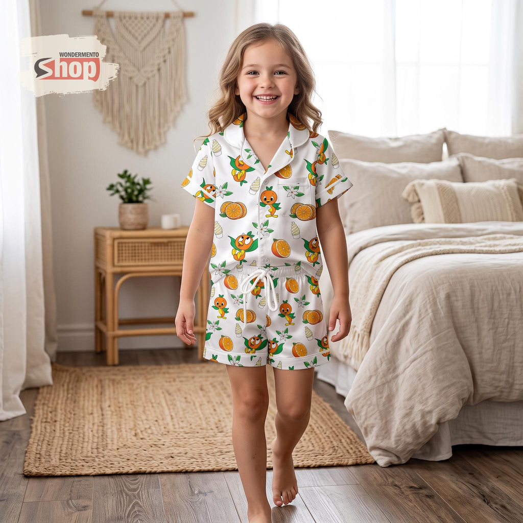 Orange Bird Kids Satin Pajamas Set, Disney Epcot Toddler Short PJs, Family Matching Sleepwear, Summer Vacation Gift for Girls Boys