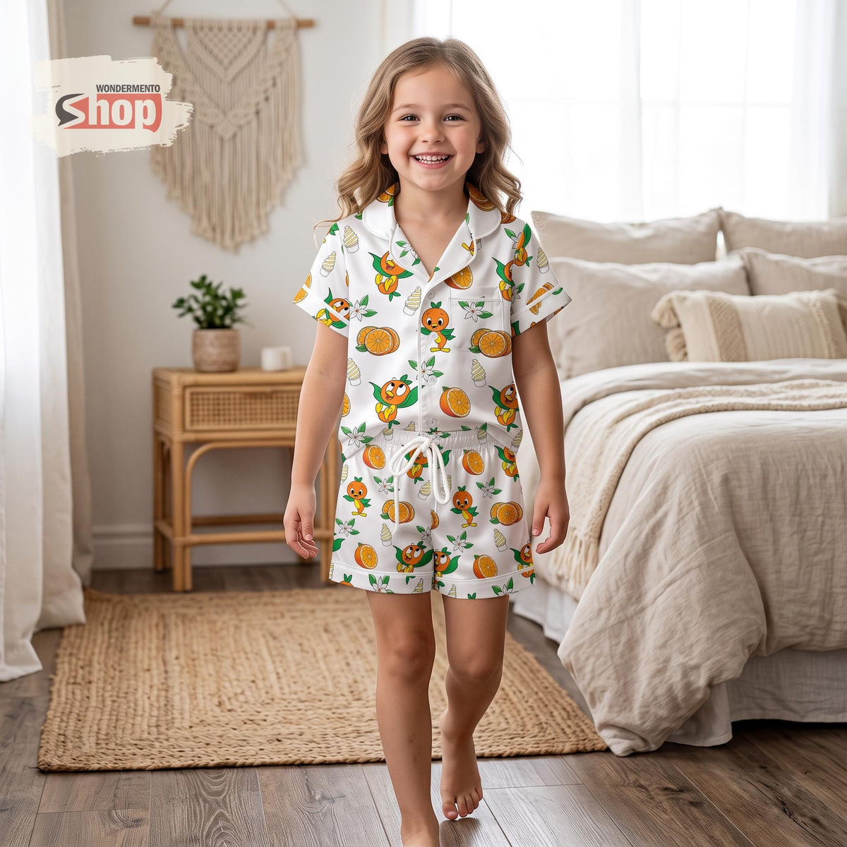 Orange Bird Kids Satin Pajamas Set, Disney Epcot Toddler Short PJs, Family Matching Sleepwear, Summer Vacation Gift for Girls Boys