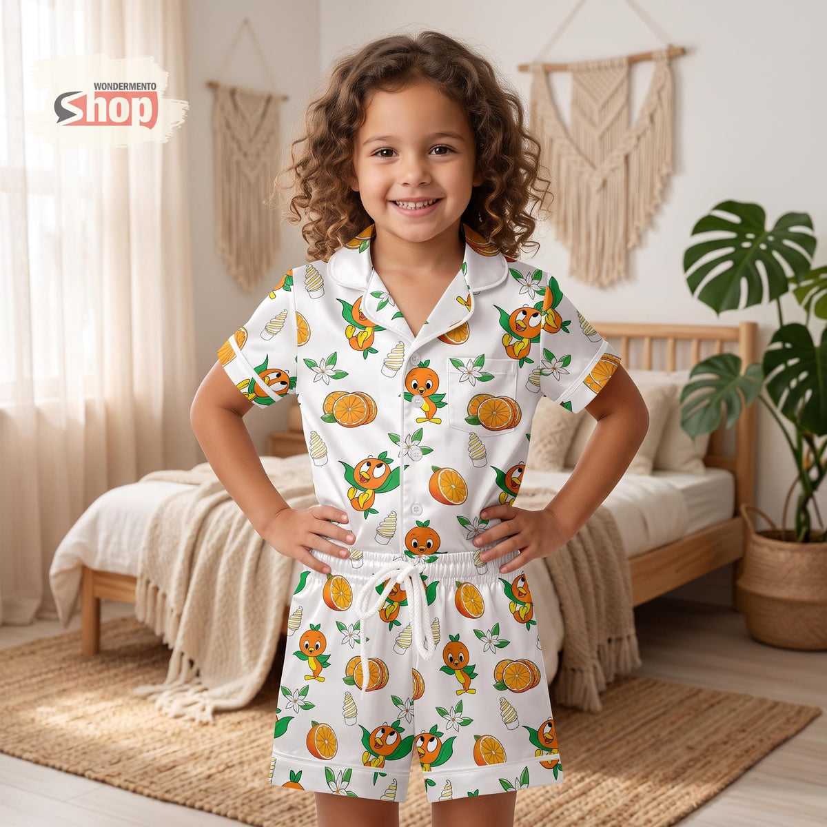 Orange Bird Kids Satin Pajamas Set, Disney Epcot Toddler Short PJs, Family Matching Sleepwear, Summer Vacation Gift for Girls Boys