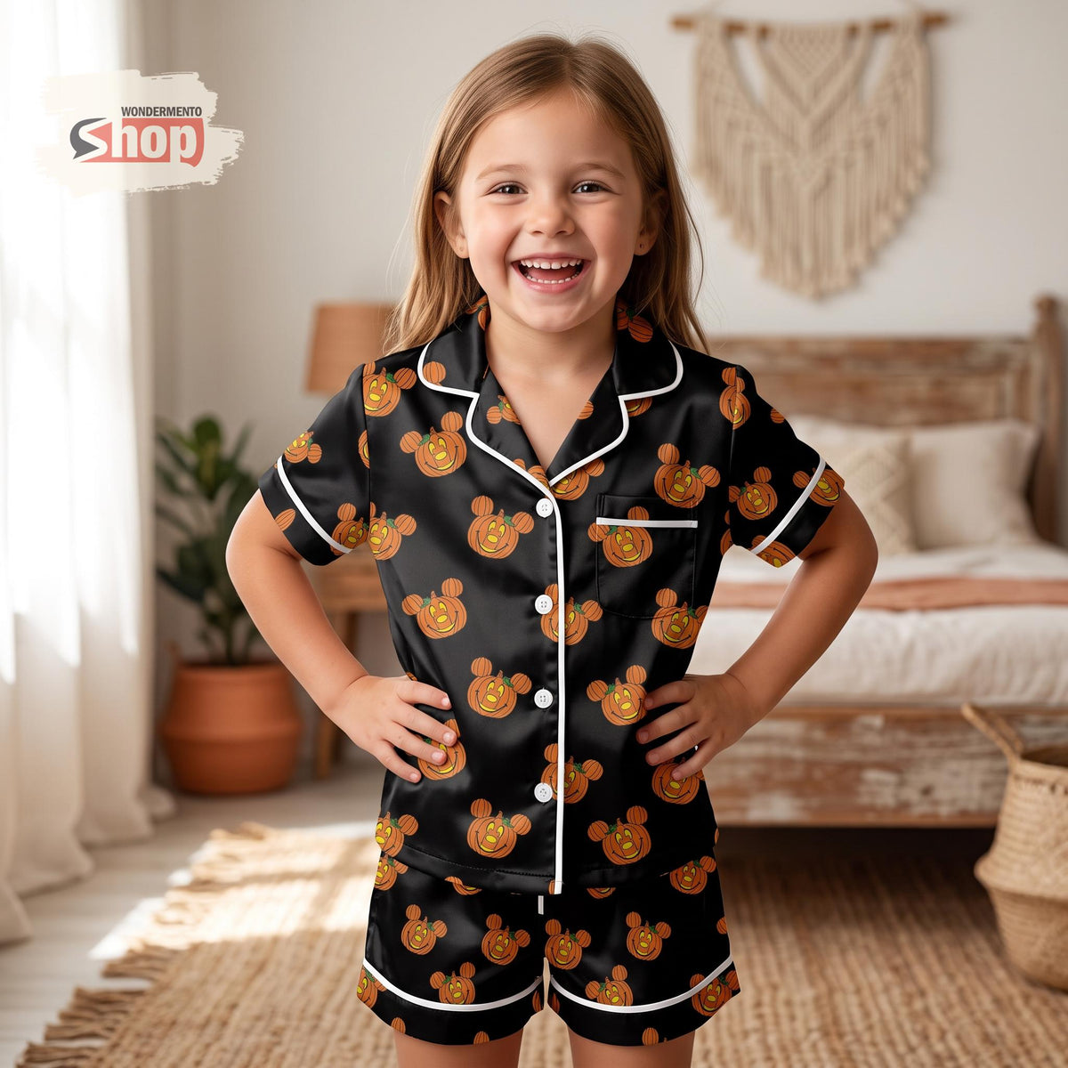 Mickey Mouse Pumpkin Kids Satin Pajamas Set, Halloween Short PJs, Spooky Disney Inspired Toddler Sleepwear, Cute Fall Gift For Girls Boys