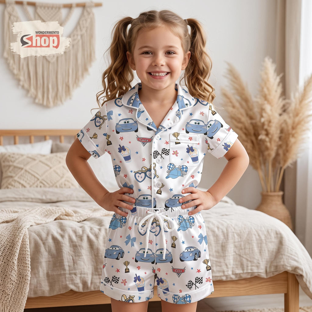 Disney Pixar Cars Sally Carrera Kids Satin Pajamas Set, Coquette Bows Blue Short PJs, Toddler Sleepwear, Cute Kids Gift For Girls Boys