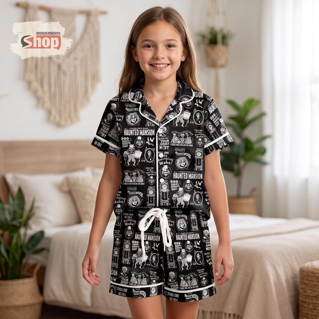 Welcome Foolish Mortals Haunted Mansion Kids Satin Pajamas Set, Mickey Not So Scary Halloween Short PJs, Spooky Sleepwear Gift For Kids