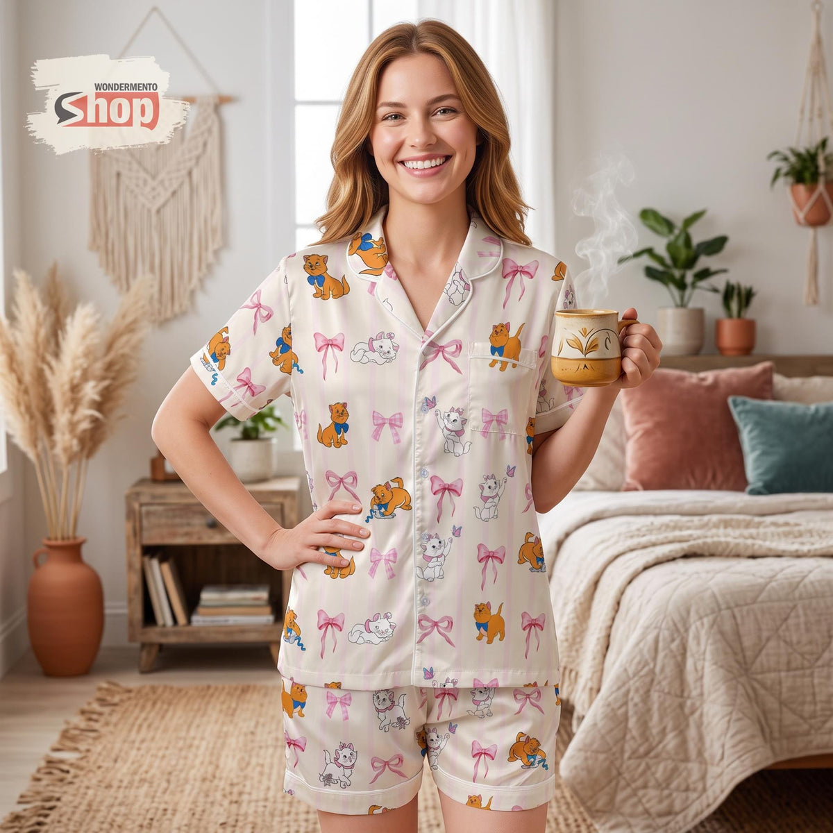 Aristocats Marie Toulouse Coquette Bow Satin Pajamas Set, Disney Cat Short PJs, Cute Paris Cat Sleepwear, Disney Gift For Women Girls