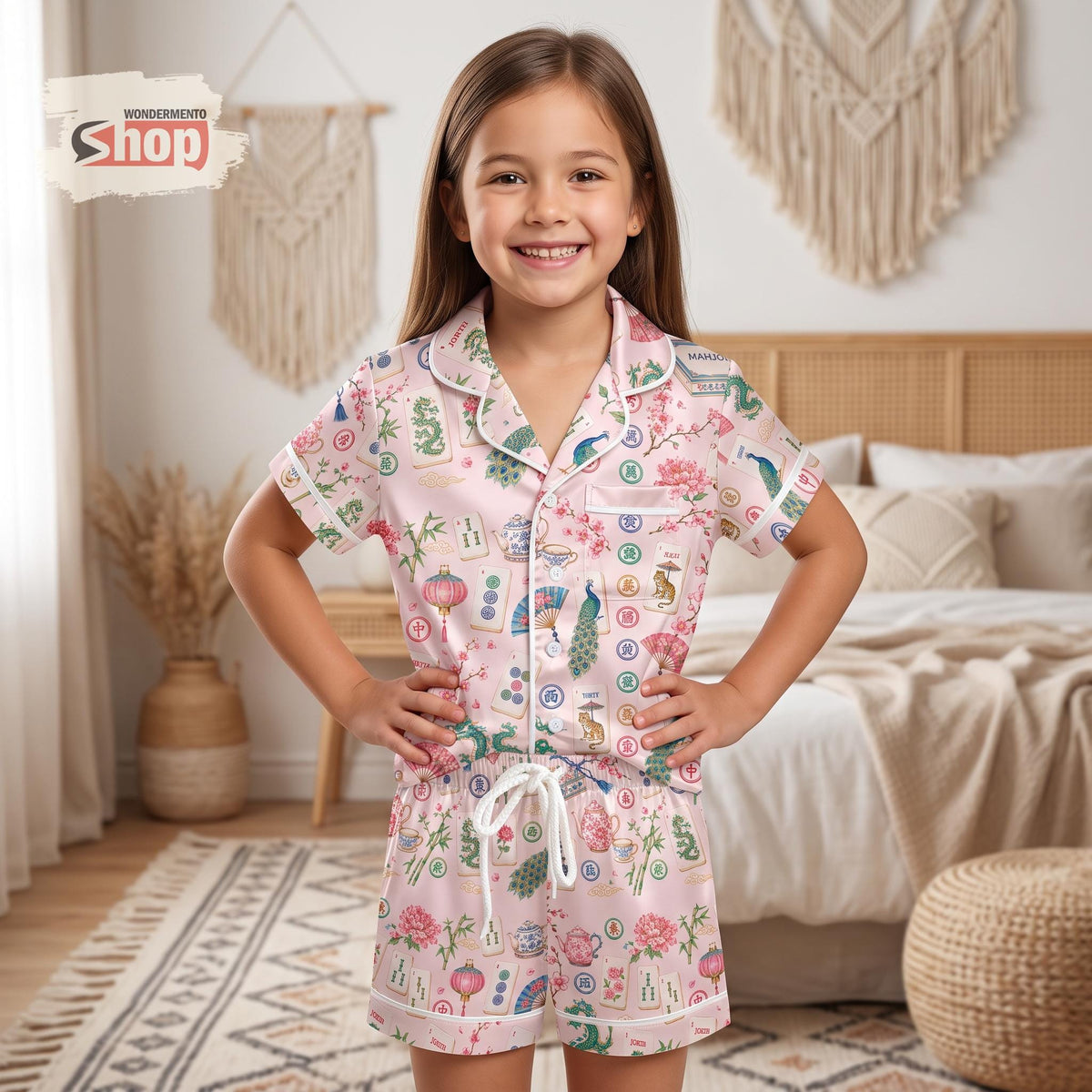 Vintage Mahjong Kids Satin Pajamas Set, Pink Chinoiserie Floral Toddler Short PJs, Asian Art Sleepwear, Mahjong Lover Gift for Girls