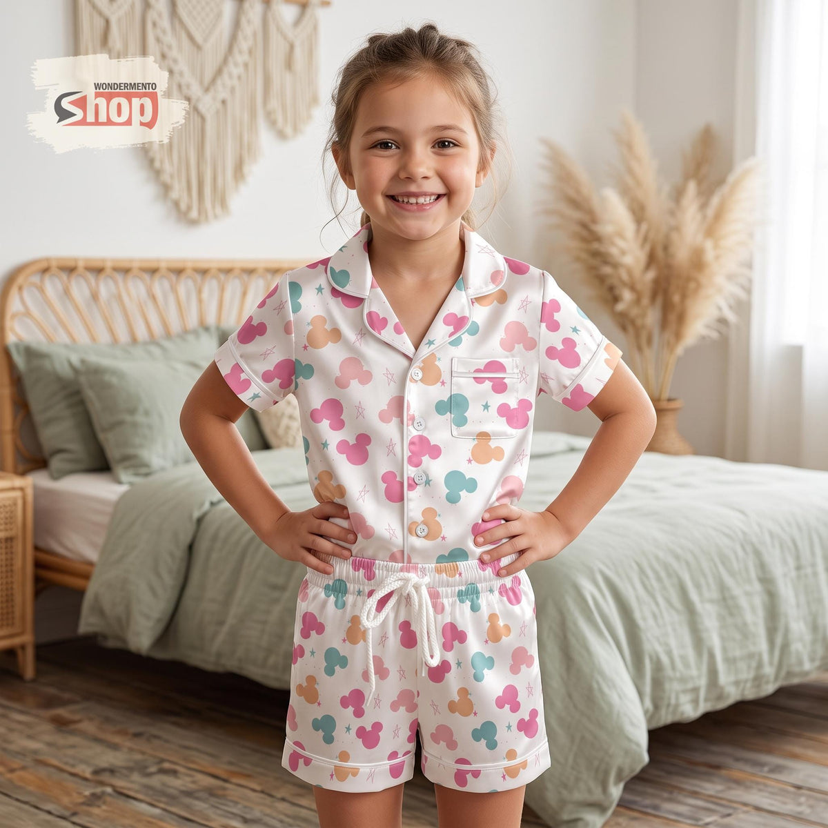 Pastel Mickey Mouse Head Kids Satin Pajamas Set, Girls Disney Toddler Short PJs, Colorful Park Trip Sleepwear, Birthday Gift for Kids
