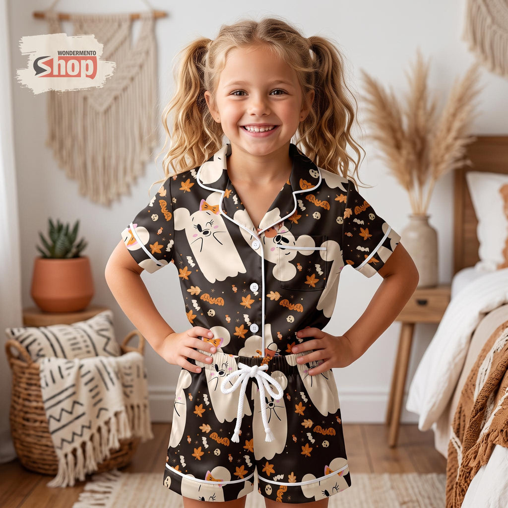 Ghost Mickey Halloween Kids Satin Pajama Set, Cute Disney Inspired Spooky Sleepwear, Fall Leaves Short PJs, Youth Loungewear Gift For Kids