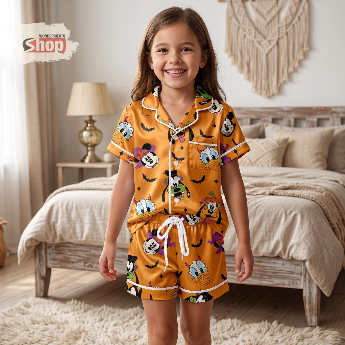 Bright Orange Disney Halloween Kids Satin Pajama Set, Mickey Friends Spooky Short PJs, Pumpkin Witch Toddler Sleepwear Gift For Kids