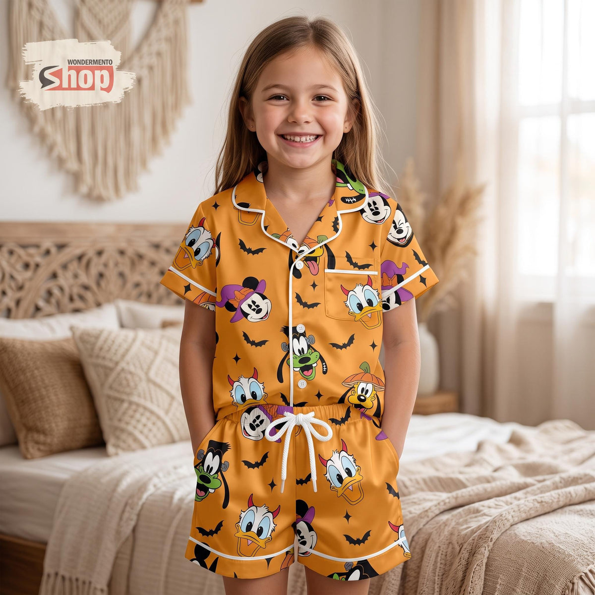 Bright Orange Disney Halloween Kids Satin Pajama Set, Mickey Friends Spooky Short PJs, Pumpkin Witch Toddler Sleepwear Gift For Kids
