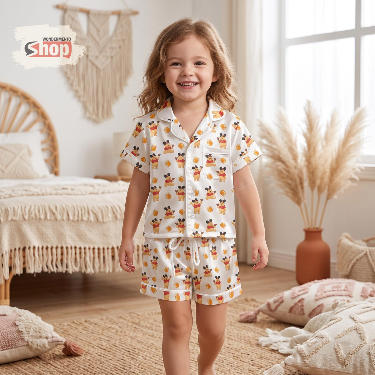 Winnie the Pooh Mickey Ears Kids Satin Pajamas Set, Disney Toddler Short PJs, Bear Sleepwear, Park Trip Outfit, Gift for Girls and Boys