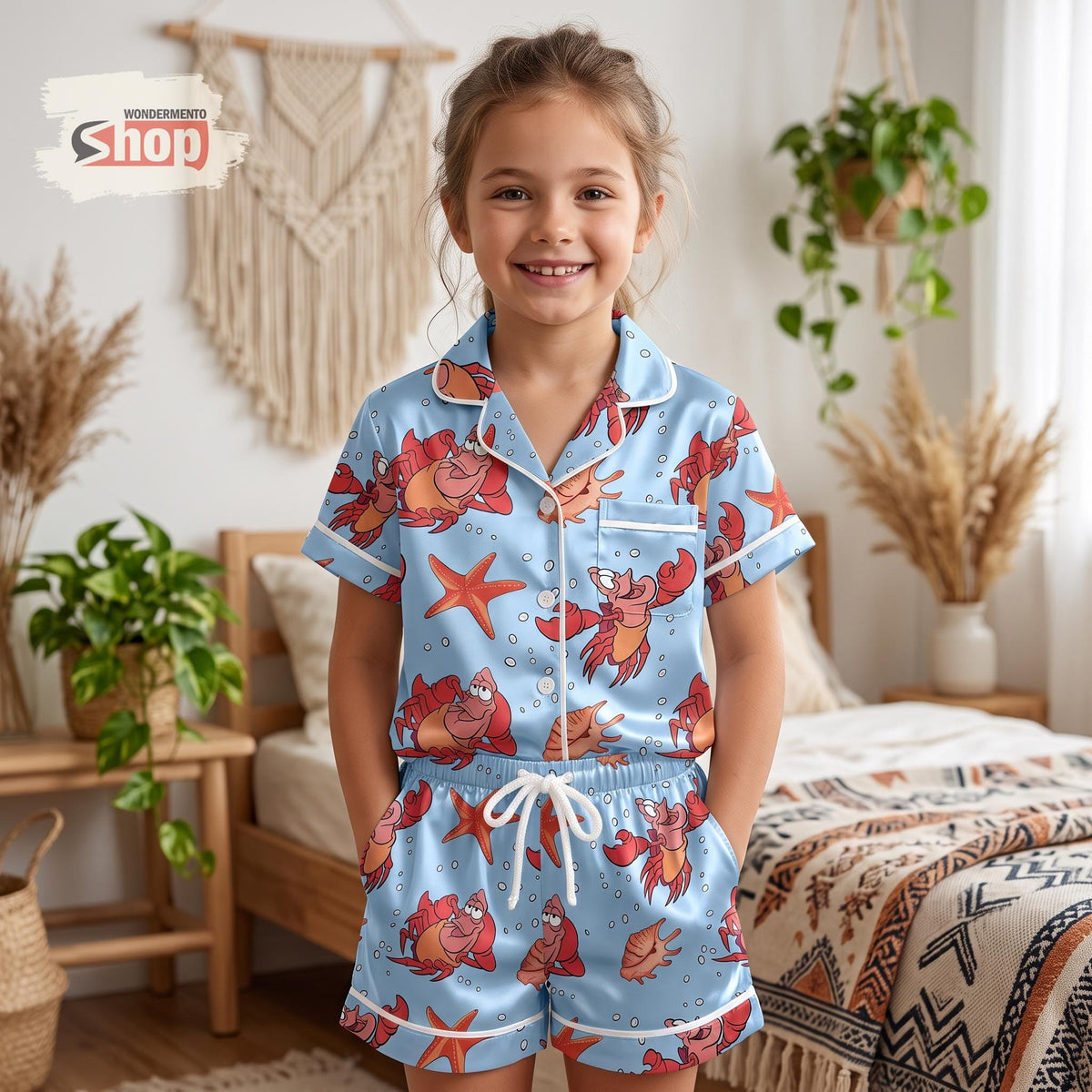 Sebastian Crab Kids Satin Pajamas Set, Little Mermaid Toddler Short PJs, Under the Sea Sleepwear, Disney Summer Gift for Girls and Boys