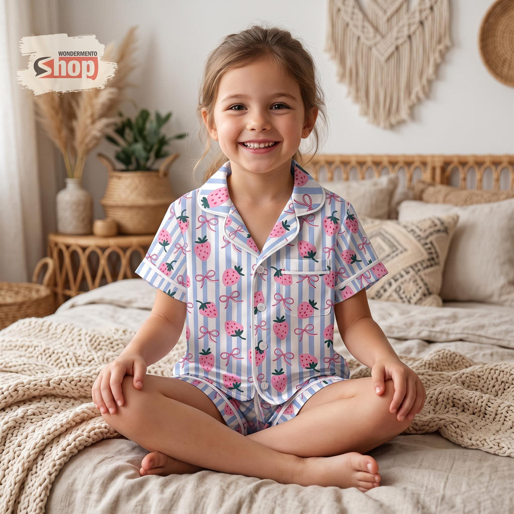 Strawberry Coquette Kids Satin Pajamas Set, Blue Striped Toddler Short PJs, Retro Bow Sleepwear, Sweet Summer Birthday Gift for Girls