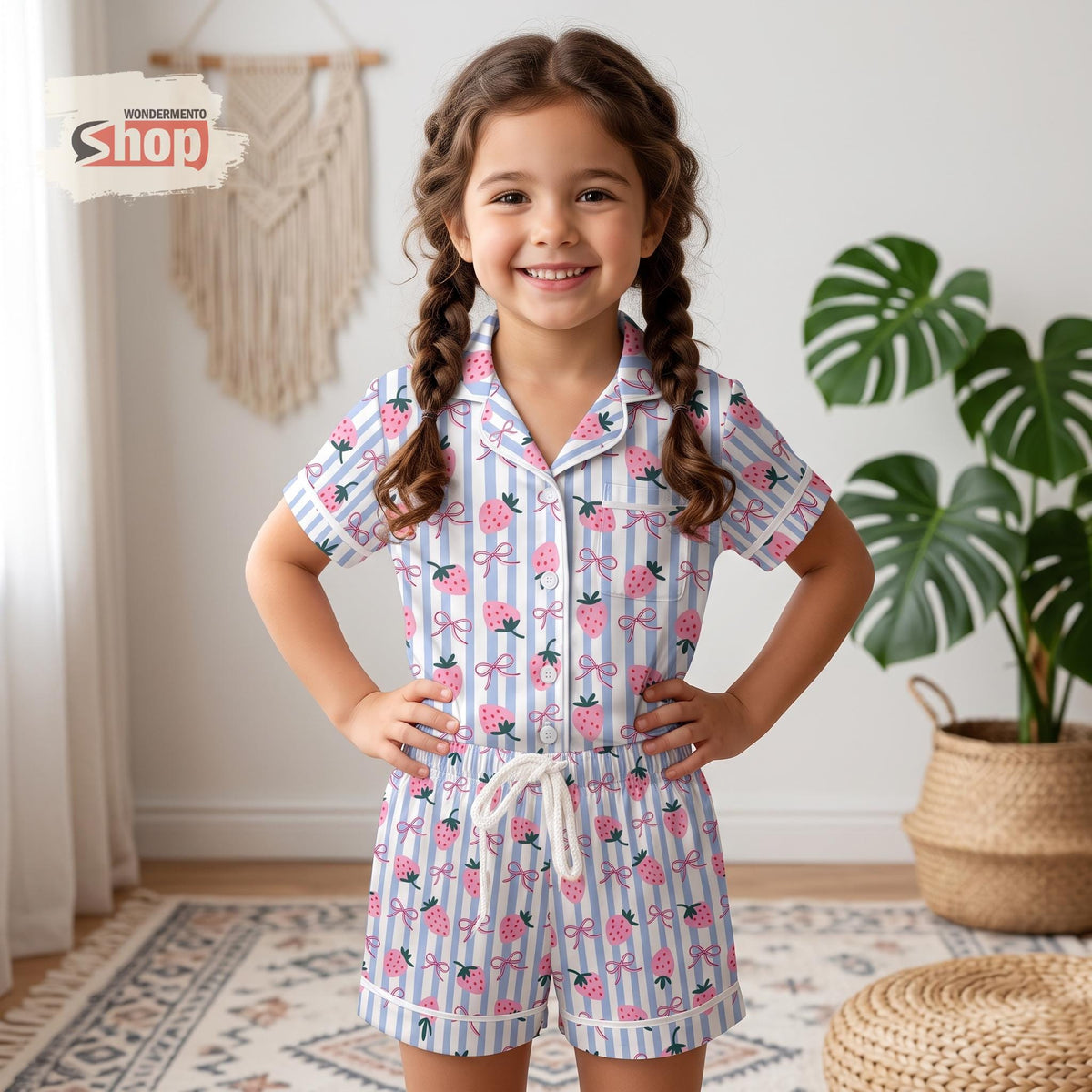 Strawberry Coquette Kids Satin Pajamas Set, Blue Striped Toddler Short PJs, Retro Bow Sleepwear, Sweet Summer Birthday Gift for Girls