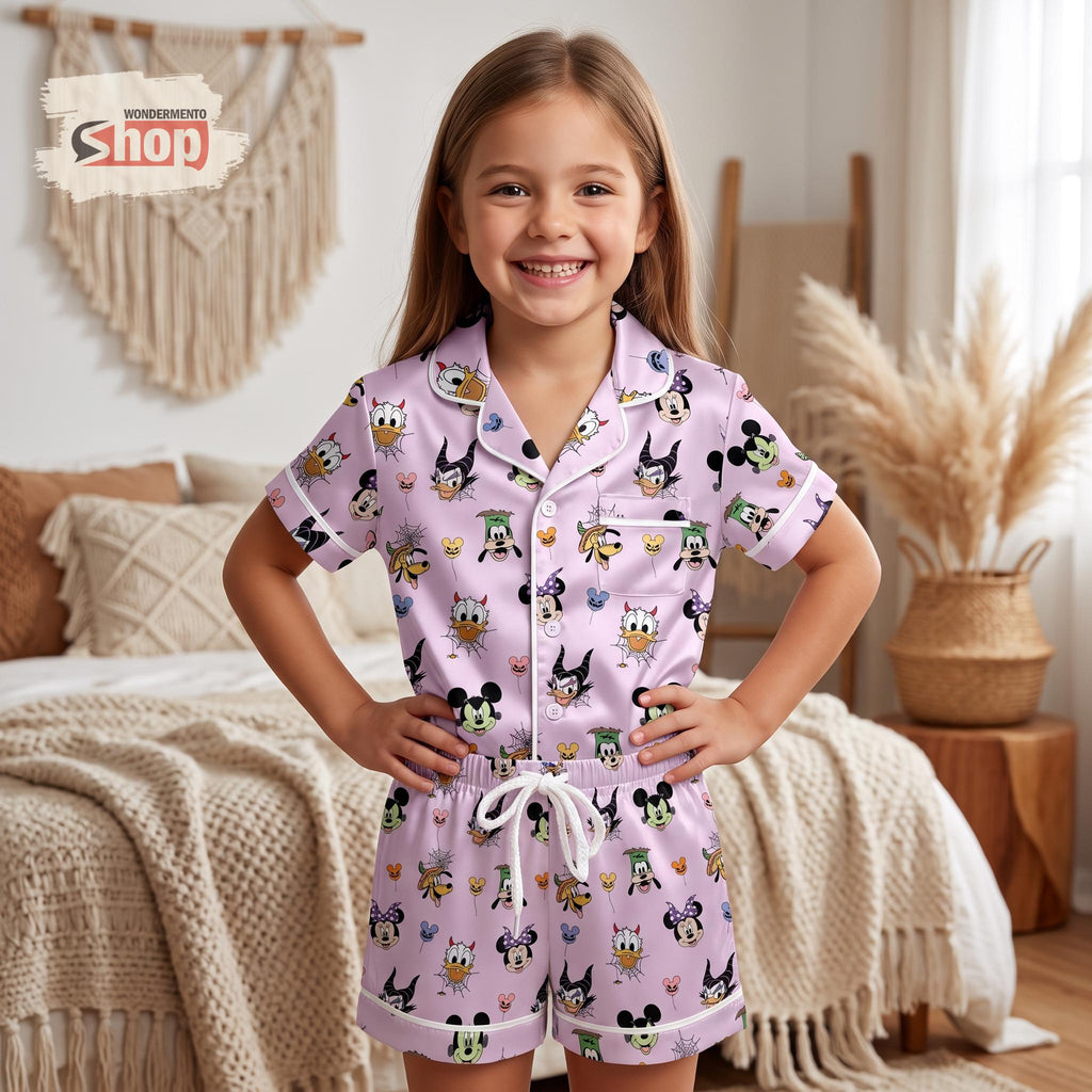 Mickey and Friends Halloween Kids Satin Pajamas Set, Disney Villain Toddler Short PJs, Pink Spooky Season Sleepwear, Gift for Girls