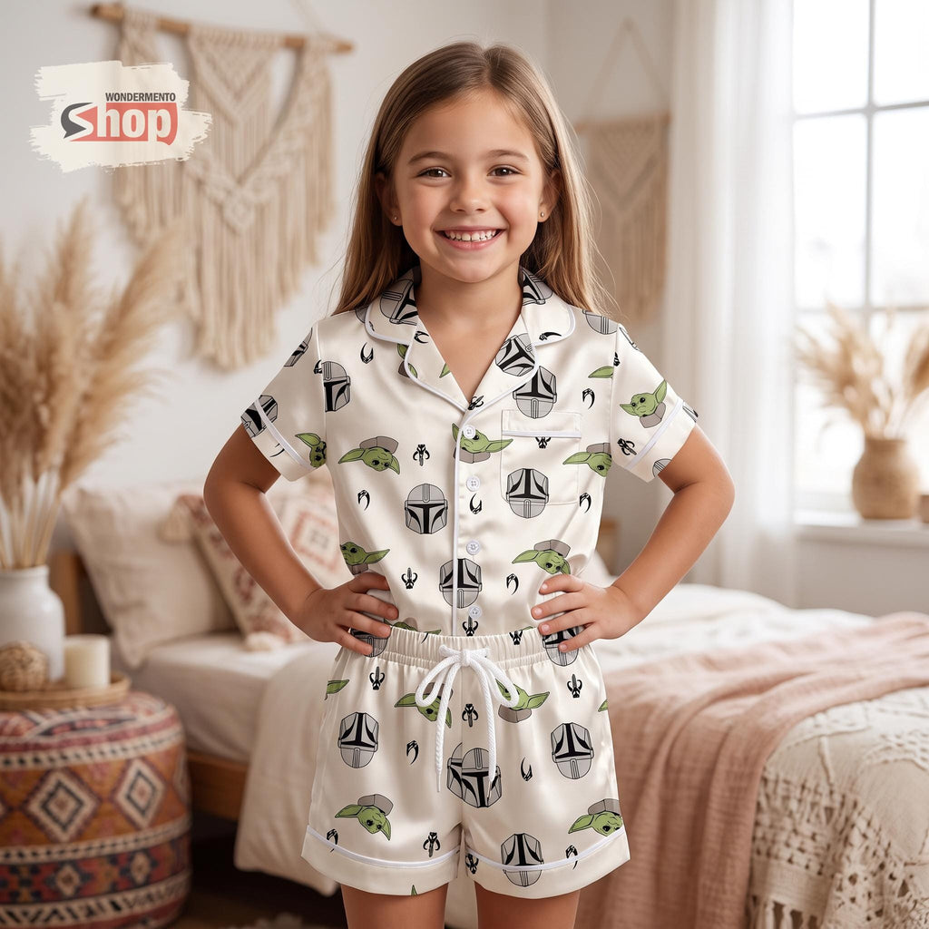 Mandalorian Grogu Kids Satin Pajamas Set, Star Wars Toddler Short PJs, Din Djarin Baby Yoda Summer Sleepwear, Vacation Gift for Kids