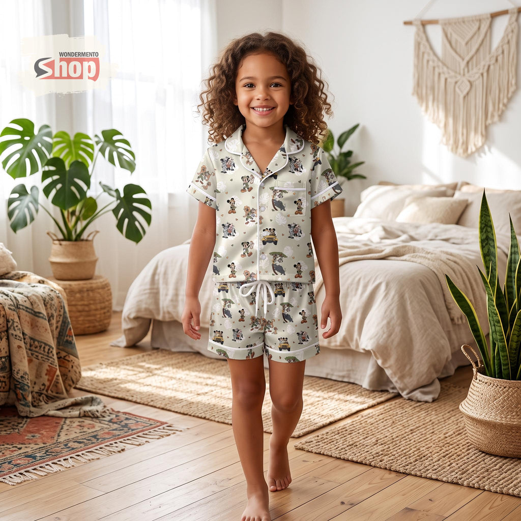 Disney Animal Kingdom Kids Satin Pajamas Set, Mickey Safari Toddler Short PJs, Disney Parks Vacation Sleepwear, Birthday Gift for Kids