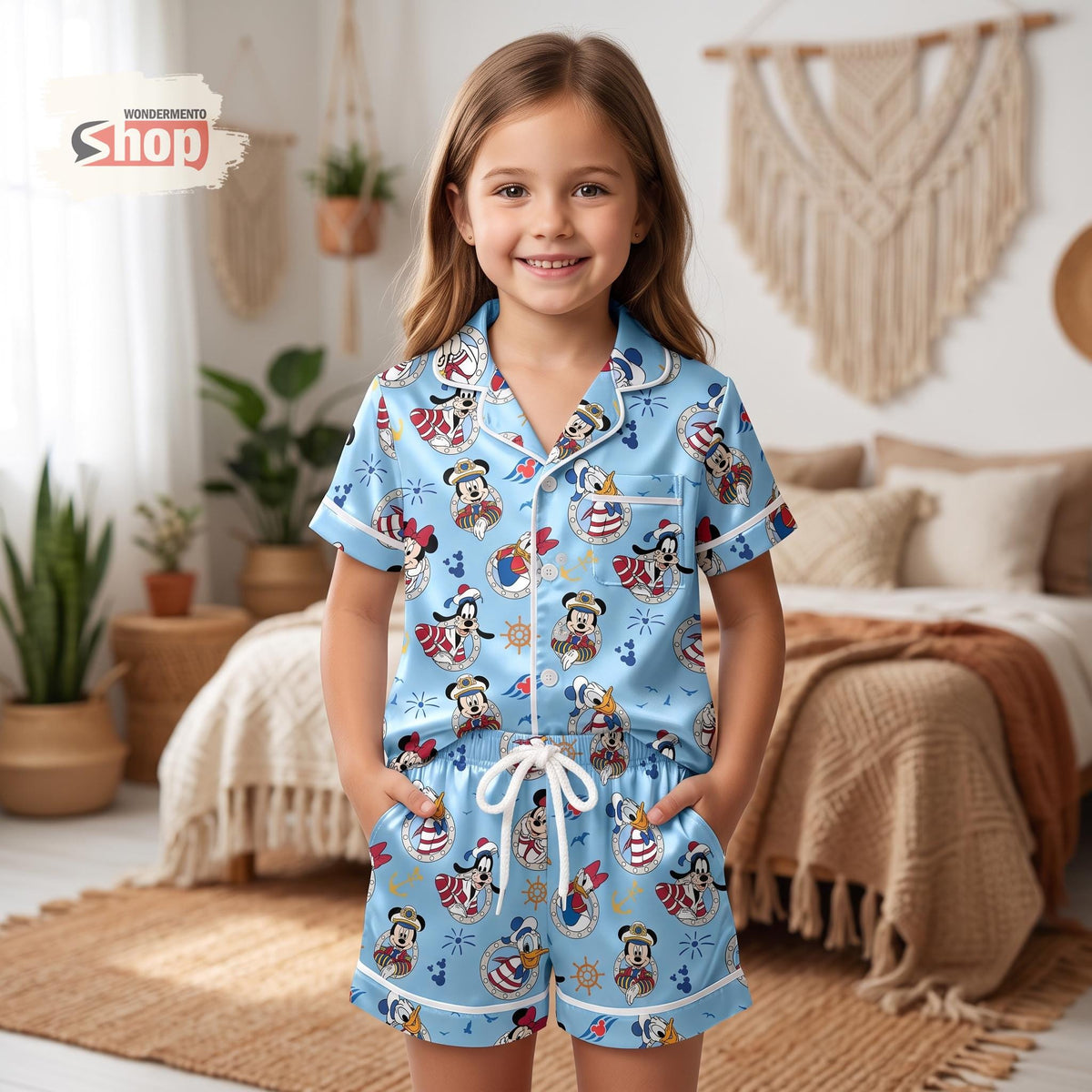 Mickey and Friends Disney Cruise Kids Satin Pajamas Set, Nautical Toddler Short PJs, Family Vacation Sleepwear, Cruise Gift for Girls