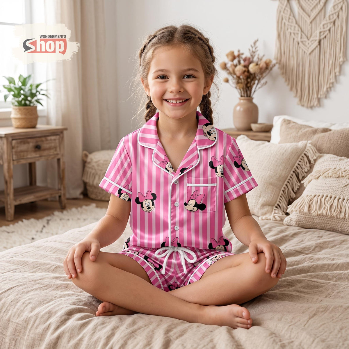 Minnie Mouse Pink Stripe Kids Satin Pajamas Set, Disney Toddler Short PJs, Girls Sleepwear, Birthday Gift, Vacation Pajama Outfit Set