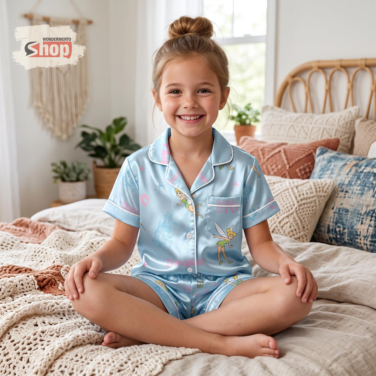 Tinker Bell Disneyland 70th Kids Satin Pajamas Set, Light Blue Disney Toddler Short PJs, Fairy Vacation Sleepwear, Birthday Gift for Girls