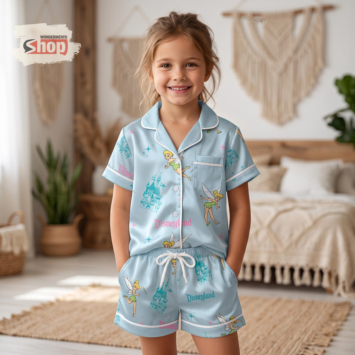Tinker Bell Disneyland 70th Kids Satin Pajamas Set, Light Blue Disney Toddler Short PJs, Fairy Vacation Sleepwear, Birthday Gift for Girls