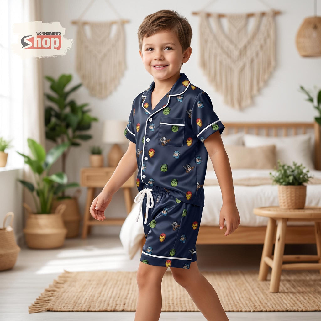 Marvel Avengers Kids Satin Pajamas Set, Iron Man Hulk Thor Toddler Short PJs, Superhero Sleepwear, Family Matching Outfit Gift Set