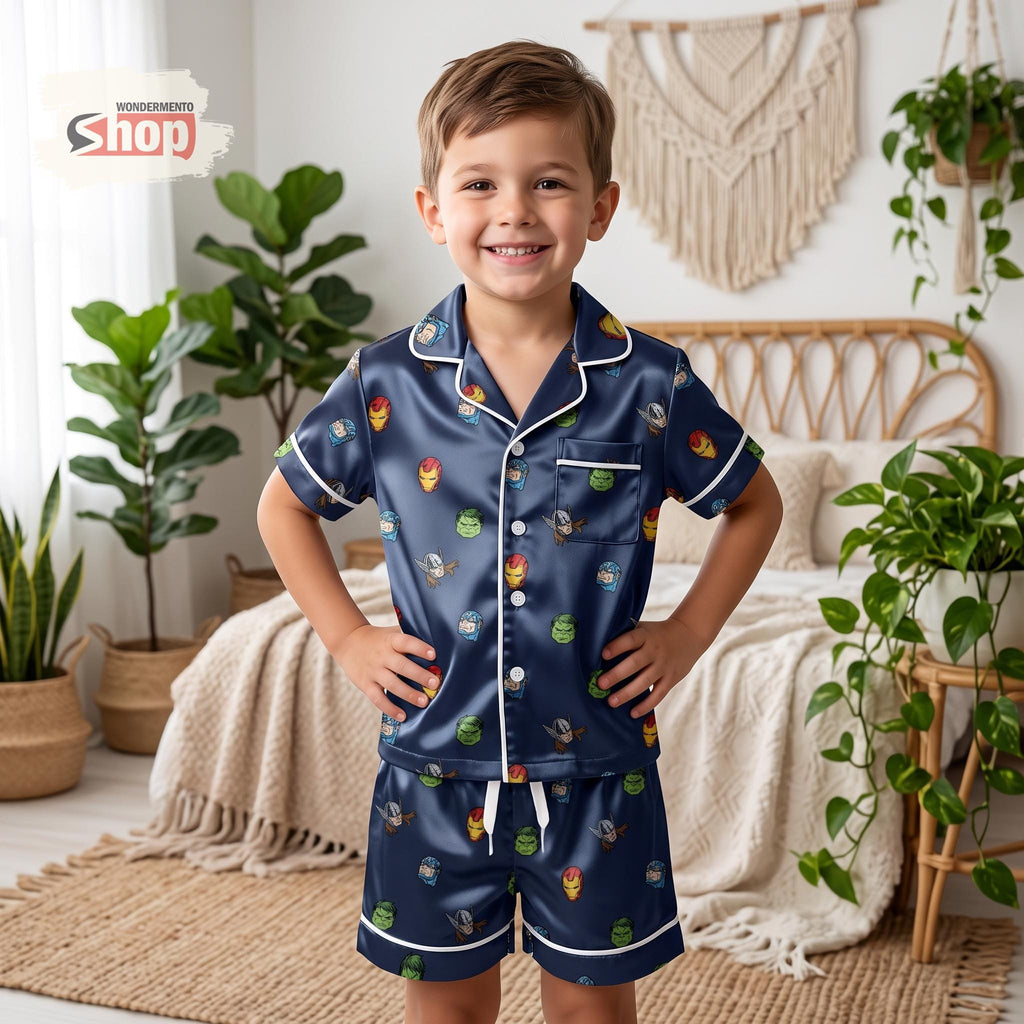 Marvel Avengers Kids Satin Pajamas Set, Iron Man Hulk Thor Toddler Short PJs, Superhero Sleepwear, Family Matching Outfit Gift Set