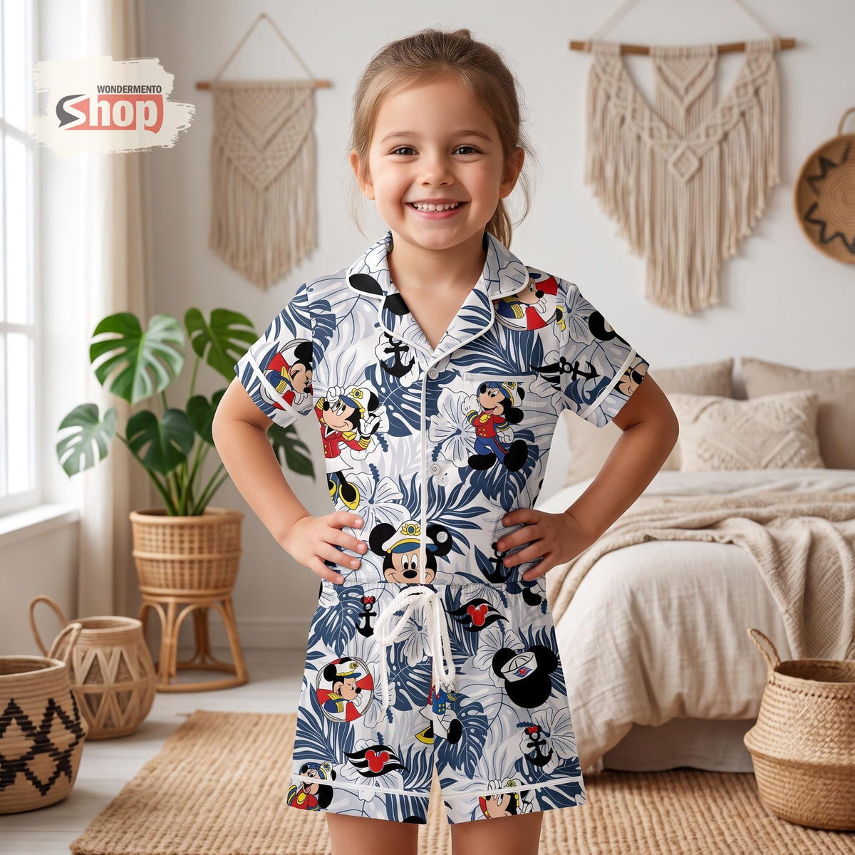 Disney Cruise Mickey Kids Satin Pajamas Set, Nautical Toddler Short PJs, Family Matching Sleepwear, Summer Vacation Gift for Girls Boys